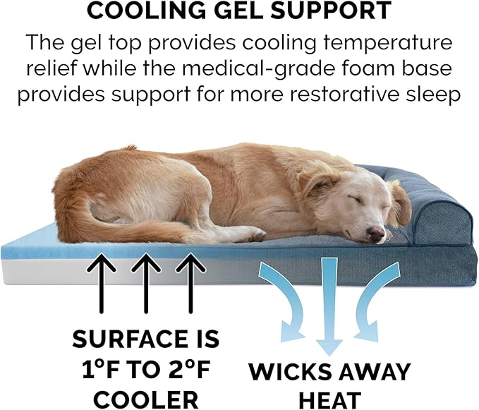 Furhaven Cooling Gel Dog Bed for Large Dogs w/ Removable Bolsters & Washable Cover, For Dogs Up to 125 lbs - Sherpa & Chenille Sofa - Orion Blue, Jumbo Plus/XXL