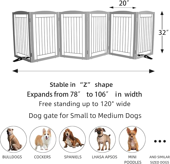 ZJSF Freestanding Dog Fence Indoor, Foldable Dog Gate for Doorways, Stairs or Hallways, Sturdy Wood Extra Wide Pet Gate with Support Feet for The House, Grey, 32 "Height-6 Panels
