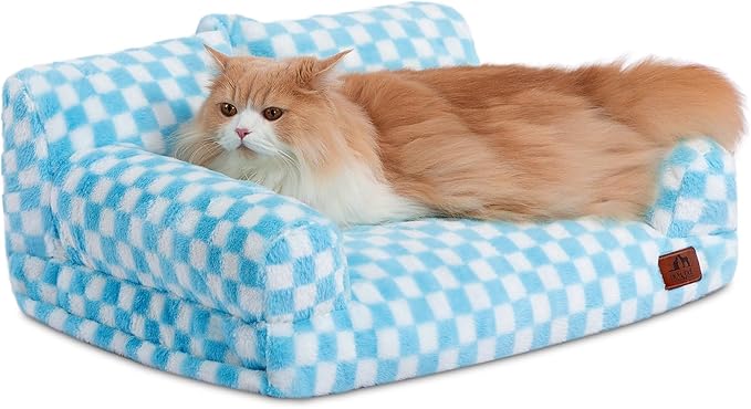 Hollypet Fluffy Plush Dog Cat Pet Couch Soft Calming Sofa Bed for Medium Small Cats and Dogs, Blue and White