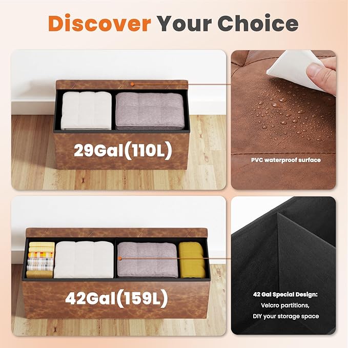 Sweetcrispy 30 Inches Folding Ottoman with Storage Bench, Foot Rest Stool, End of Bed Storage Bench Upholstered, Load 660 lbs, for Living Room, Synthetic Leather, Brown