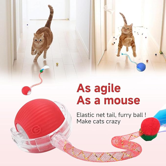 Speed 2.0 Tail Interactive Cat Toys for Indoor Cats, Chirping & Motion Activate Ca t Toy, Smart Kitten Rolling Ball Moving Ball Toys, Rechargeable Dog Cat Bal l for Enrichment Exercise (Red)