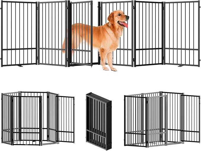 Full Metal Freestanding Dog Gate with Door, 36''Height Foldable Pet Dog Fence for Indoor & Outdoor, 6 Panels Extra Wide Free Standing TallDog Gates for Doorways,House,Stairs,Porch,Deck,Yard