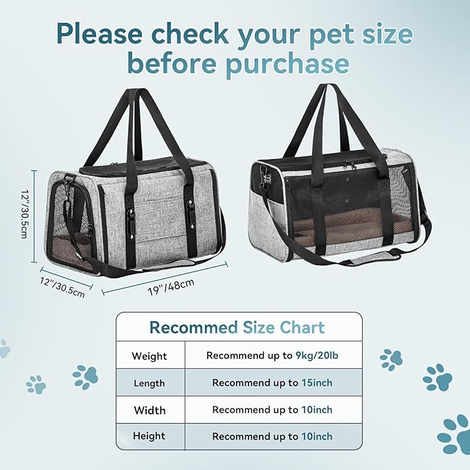Petsfit Pet Carrier for Large Cats, Cat Carrier for Medium Cats and Puppy up to 20lbs, 4-Sided Breathable Mesh, Escape Proof and Locking Zipper, Sturdy Structure,Grey