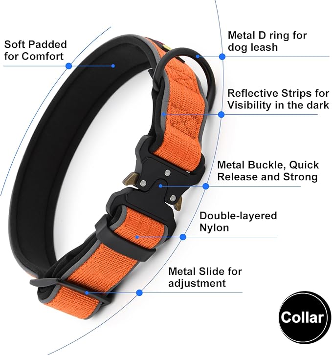 Plutus Pet Tactical Dog Collar, Reflective, Adjustable Heavy Duty Dog Collar, Soft Padded and Comfortable, for Small Medium and Large Dogs (Orange, S)