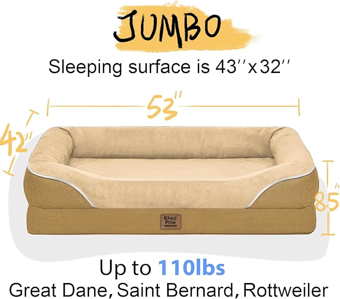 Washable Orthopedic Large Dog Bed - XL Large Dog Bed with Removable Bolsters Cover Foam Support Big Dogs Beds Non-Slip Bottom & Waterproof Pet Beds