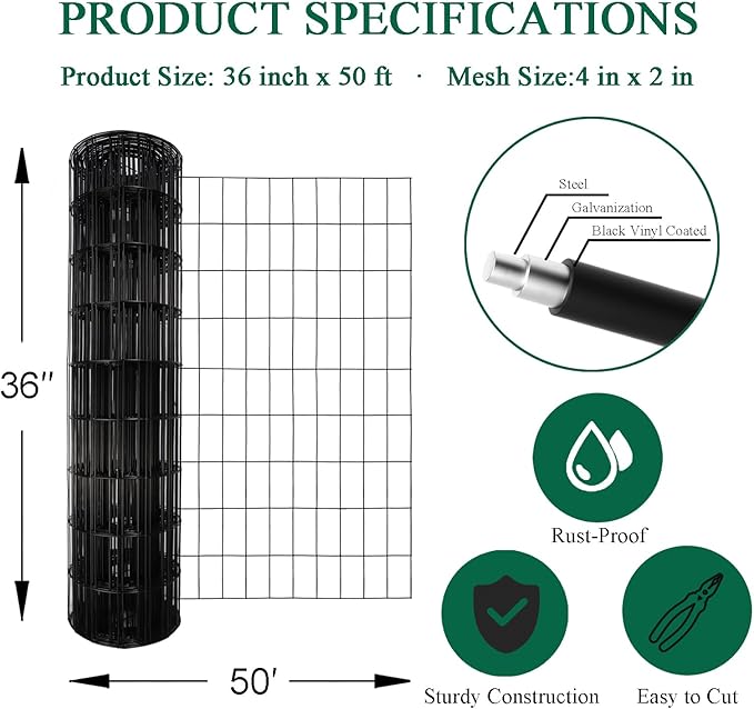 Black PVC Coated Welded Wire Fence 36 Inch x 50 Foot, 2 Inch x 4 Inch 14GA, Garden Border Fencing Roll Vinyl Coating Metal Wire Mesh Hardware Cloth for Yard Vegetable Plant Protection