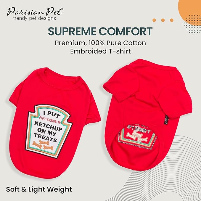 Parisian Pet Dog Shirt - Embroidered “I Put Ketchup on My Treats“ - 100% Cotton and Polyester Dog Clothes - Sleeved, Lightweight Costume for Dogs - Red Dog Shirts for Large Dogs - Pet Costumes - 3XL