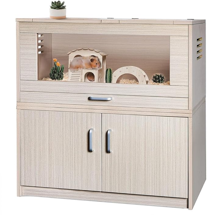 Large Hamster Cage, Wooden Hamster Cages and Habitats with Storage Cabinet and Openable Top Decorative Pet House Acrylic Panels for Hedgehog Gerbil and Rat (31.5"× 15.7"× 33.5")