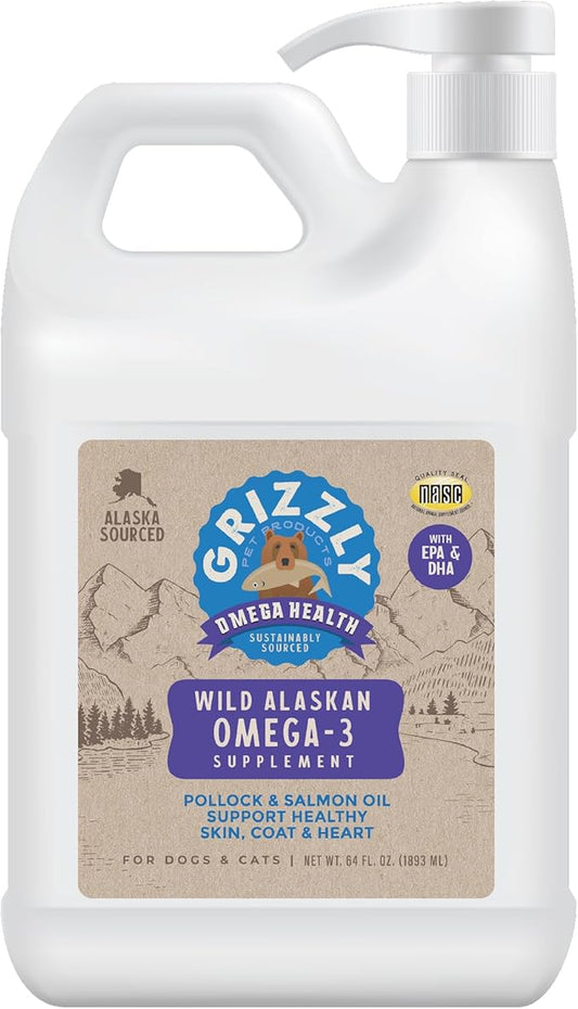 Grizzly Pet Products Omega Health Liquid Omega-3 Supplement for Dogs and Cats, 64 Ounce Jug