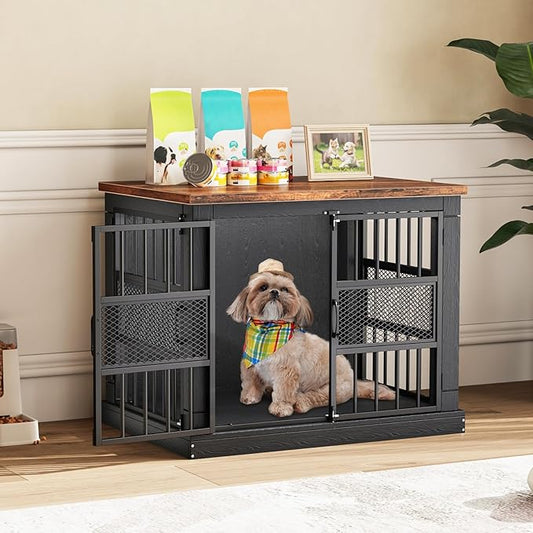 VOPEAK 27.5" Dog Crate Furniture, Chew Resistant Dog Crate for Small Dogs Puppy, Heavy Duty Dog Crates Dog Kennel Cage Indoor with Double Doors, Wooden End Table for Bedroom Living Room, Black