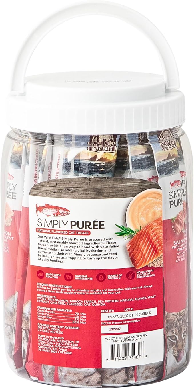 Simply Puree Salmon with Ancient Grains Tub for Cats | 48 Individual Servings | High-Protein, Grain-Enriched Cat Treat | All-Natural, No Artificial Additives | Smooth and Delicious Puree