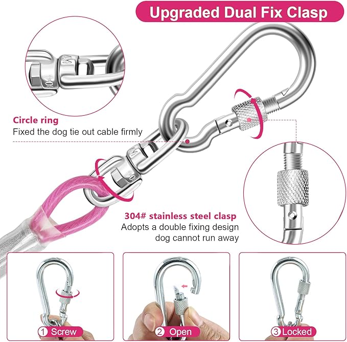 Dog Tie Out Cable for Outside,10FT Long Dog Leash&Chains with Swivel Hook,Small-Large Dogs Runner Cable for Yard,Heavy Duty Dogs Lead Line for Outdoor and Camping (500lbs 10FT, Pink)