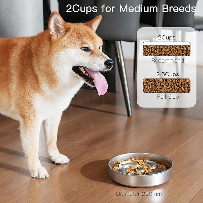 Slow Feeder Dog Bowl, Double Wall Food Grade Stainless Steel, Heavy Duty with Non-Slip Rubber Base, 2Cups Capacity for Medium Dogs to Slow Down Eating