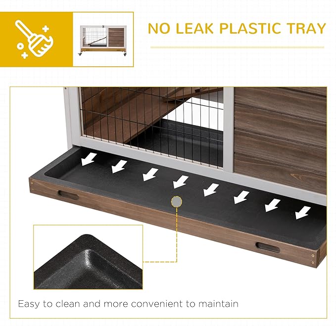 PawHut Wooden Rabbit Hutch Indoor Outdoor, Elevated Bunny Cage with No Leak Tray Enclosed Run with Wheels, Ideal for Guinea Pigs and Small Animals, Brown