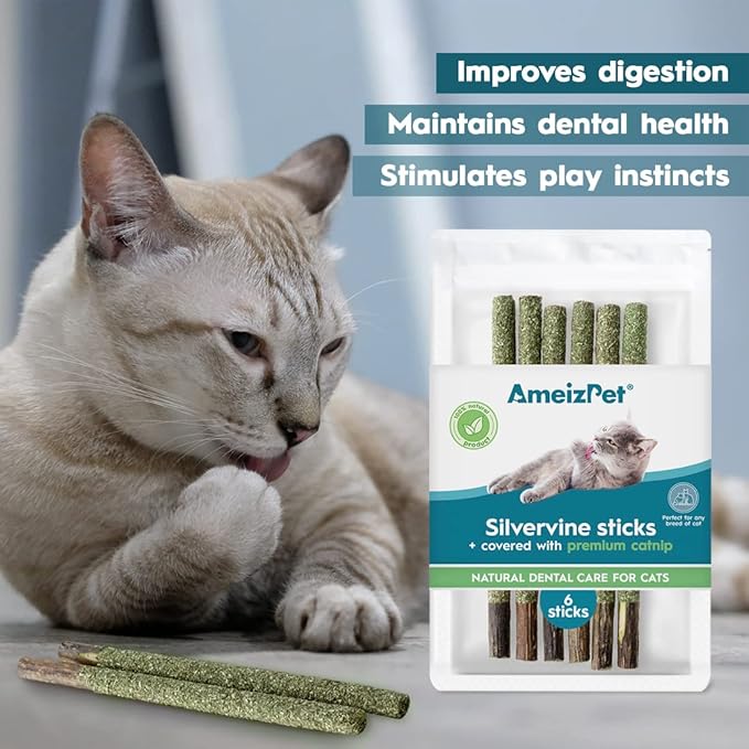 Silvervine Sticks for Cats, Chew Sticks Covered with Catnip Dust - Natural Matatabi Cat Dental Care, Silvervine Cat Teeth Cleaning, 6 Pcs