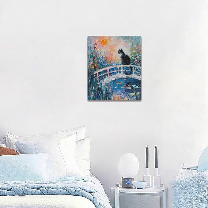 Quorin Black Cat Wall Art Water Lily Sunset Pictures Cat Wall Decor Impressionism Canvas Print Painting Artwork for Bathroom Living Room Bedroom 20"x24"