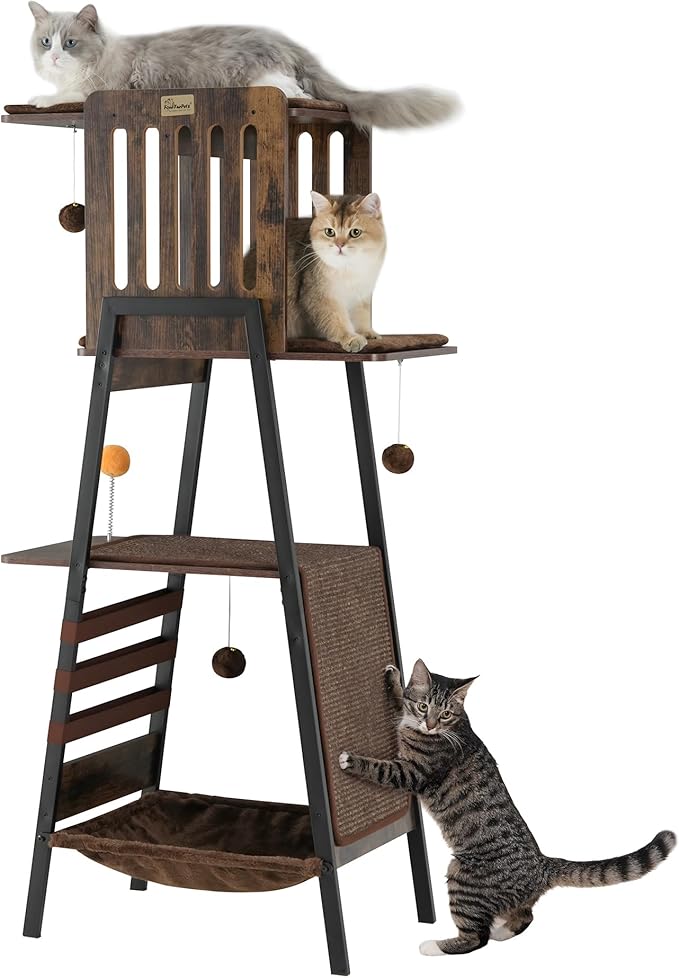 FourFurPets Modern Cat Tree, 58-Inch Cat Tower for Large Cats, Maine Coon Cat Tree with Scratching Board, Large Perch, Hammock and Removable Pads, Rustic Brown