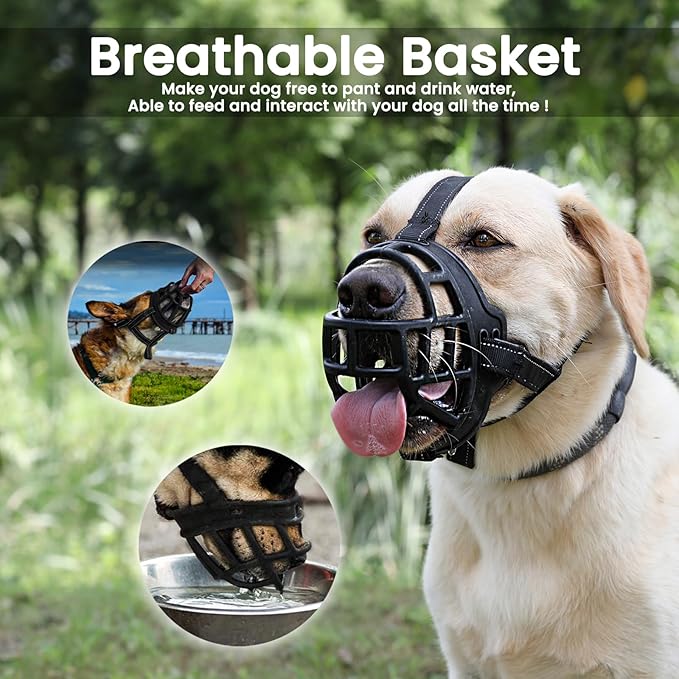 BARKLESS Dog Muzzle, Soft Basket Silicone Muzzle for Dogs to Prevent Biting and Chewing, Breathable Cage Mouth Cover for Training, Allows Drinking and Panting, Used with Collar