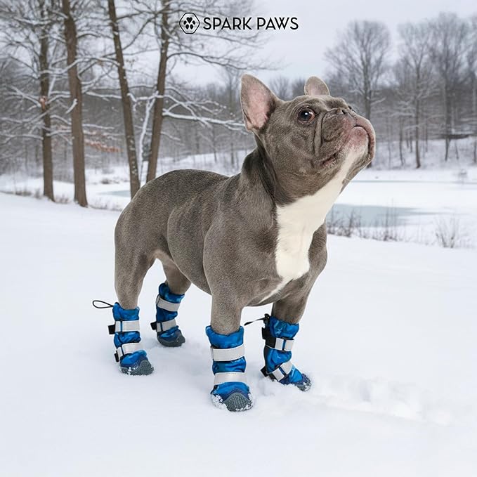 Spark Paws Dog Shoes, Waterproof Dog Boots for Medium to Large Dogs, Non Slip, Breathable Dog Booties and Paw Protectors - 4PCS Doggie Hiking Boots with Reflective Straps, Blue Camo, Size 8