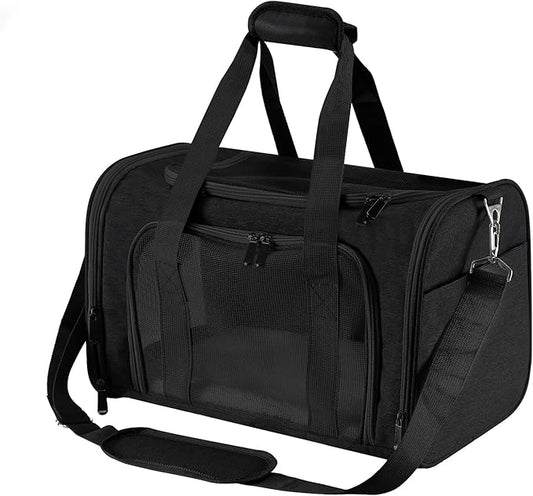 Roaringkitty Travel in Style: Portable Pet Carrier for Small Pets up to 15 Lbs- Airline Approved, Collapsible & Comfortable cat/Puppy Soft Sided Bag (Black)