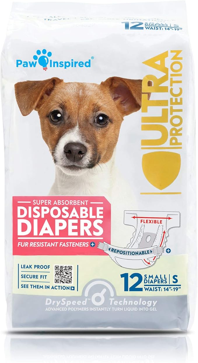 Paw Inspired Disposable Dog Diapers | Female Dog Diapers Ultra Protection | Diapers for Dogs in Heat, Excitable Urination, or Incontinence (12 Count, Small)