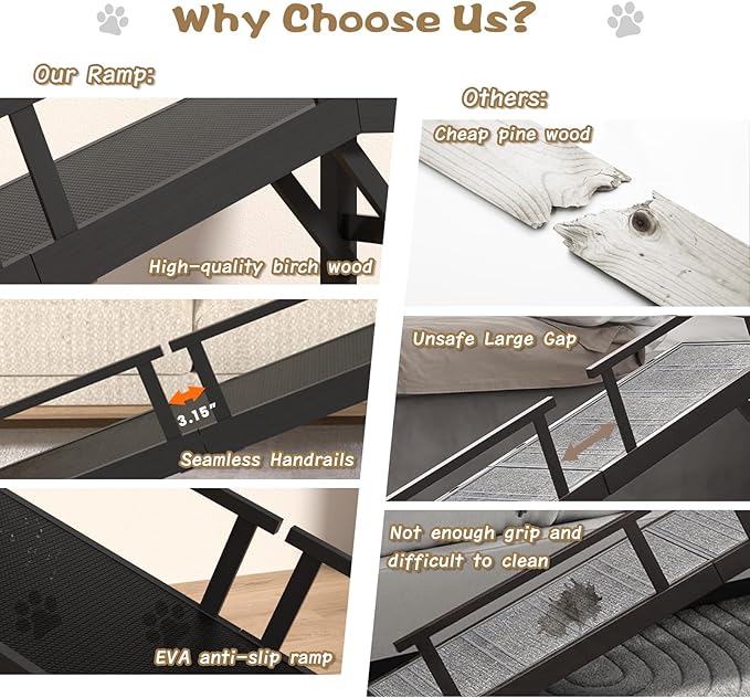 61" Dog Ramp for Bed, Pet Ramp with Removable Side Rail and Non-Slip Surface, Pet Ramp for Small & Large & Senior Dogs with Rest Platform and DIY Glow Strips,Dog Stairs for Couch,Black