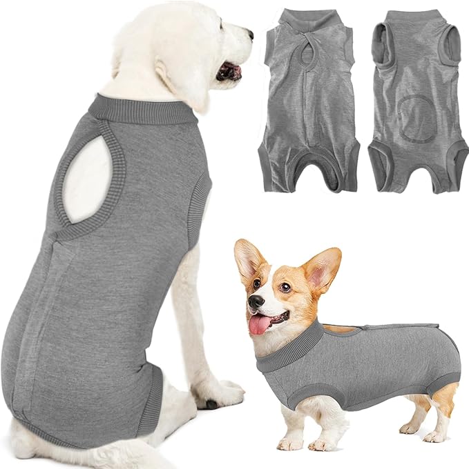 Lukovee Recovery Suit for Dogs, Onesie Surgery Recovery Suit for Female Male Dogs, Abdominal Wounds Cone E-Collar Alternative Prevent Licking Spay Recovery Suit (GY,XXL)