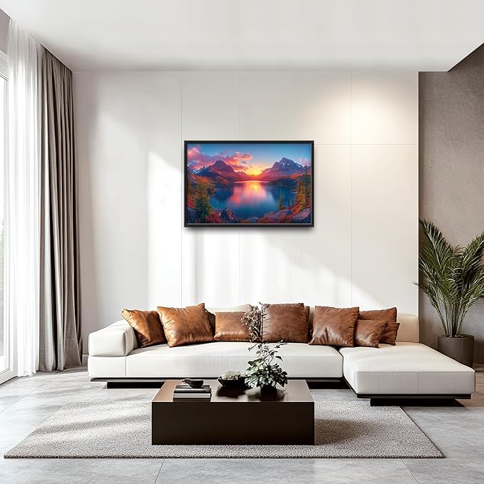 Large Lake Mountain Landscape Wall Art for Living Room, Nature Sunrise Canvas Oversized Wall Decor, River Forest Scenery Framed Pictures Painting Print Artwork for Bedroom Office 36"L x 24"W