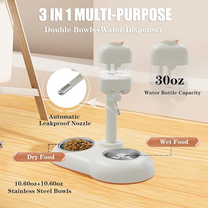 Pet Bowls,15°Tilted Puppy Food Bowls with Puppy Weaning Bottles,3 in 1 Height Adjustable Water Dispenser for Dogs,Pet Food Bowls for Ferrets,Cats,Rabbits and Small Sized Dogs(White)