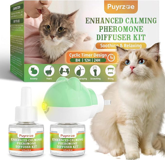 Cat Calming Diffuser with Three Timing Functions, 3-in-1 Cat Pheromones Calming Diffuser Kit, 60-Day Anxiety Relief, Stress Reduction & Relaxation for All Cats (1 Diffuser + 2 Refills)