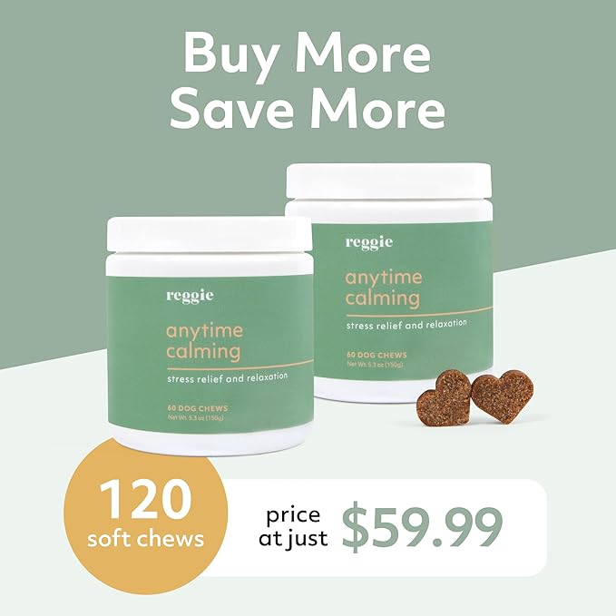 Reggie Anytime Calming Chews for Dogs | Natural Calming Dog Treats to Reduce Hyperactivity, Separation Anxiety, & Stress | Vet-Approved & Ideal for All Ages, Breeds, and Sizes (120 Count)