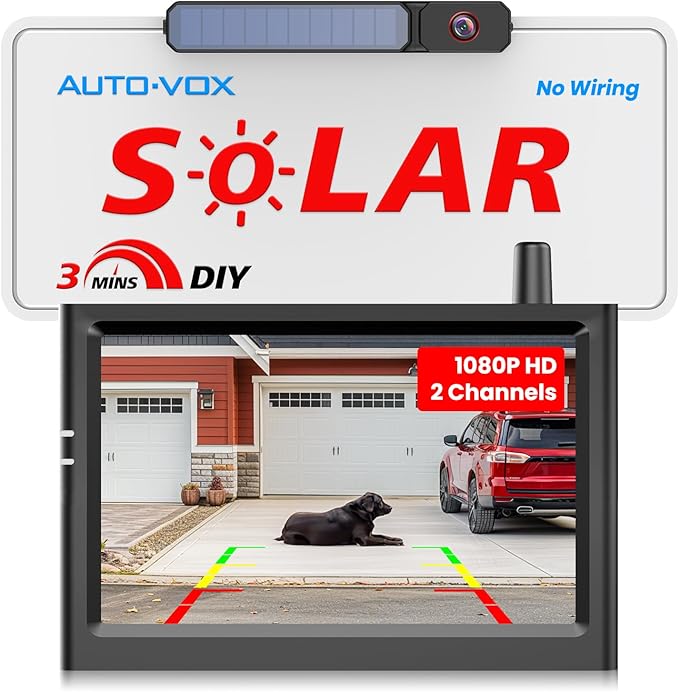 AUTO-VOX Solar Wireless Backup Camera:5" HD 1080P Monitor,3 Mins DIY Installation & 5000 mAh Battery Powered Solar Back Up Camera Systems, IP69K Waterproof Reverse Camera for Car, Van, Truck, Trailer