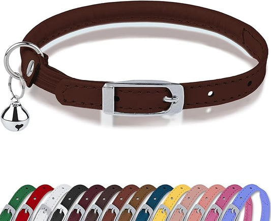 OOPSDOGGY Rolled Leather Cat Collar with Bell, Reflective Kitten Collars with Buckle Include Safety Elastic Strap - Adjustable Small Pet Collars for Boy Girl Cats (Brown)