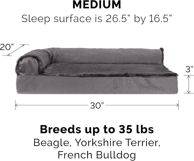 Furhaven Cooling Gel Dog Bed for Medium/Small Dogs w/ Removable Bolsters & Washable Cover, For Dogs Up to 35 lbs - Plush & Velvet L Shaped Chaise - Platinum Gray, Medium