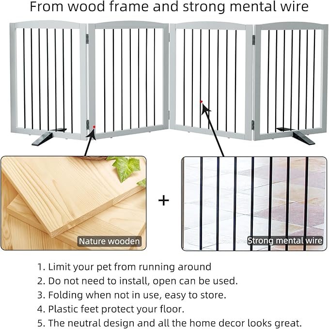 ZJSF Freestanding Panel Gate for Indoor Doorways, Stairs, or Hallways - Foldable White Wooden Dog Gates - Support Feet Included - 32" Height - 4 Panels