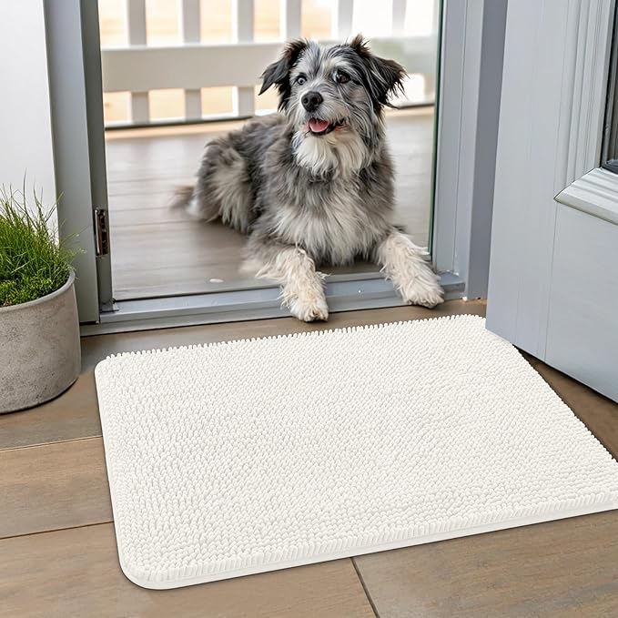 Smiry Dog Door Mat for Muddy Paws 24x16, Absorbs Moisture and Dirt Doormat, Non-Slip Washable Quick Dry Chenille Front Door Mat Indoor Entrance, Entryway Carpet for Inside Floor, Ivory