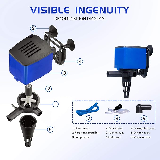 Water Pump 475 GPH Submersible Internal Aquarium Powerhead Water Pump Ultra Quiet for Aquarium,Fish Tank