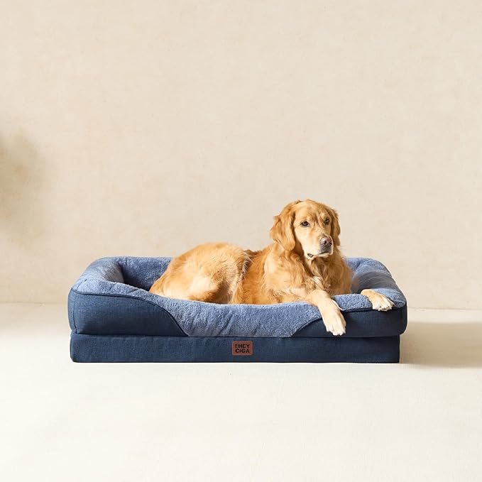 EHEYCIGA Memory Foam XL Dog Bed for XLarge Sized, Extra Large Orthopedic Dog Sofa with Sides and Waterproof Liner, Washable Bolster Pet Couch with Removable Cover, 42x30x7.5 Inch, Navy