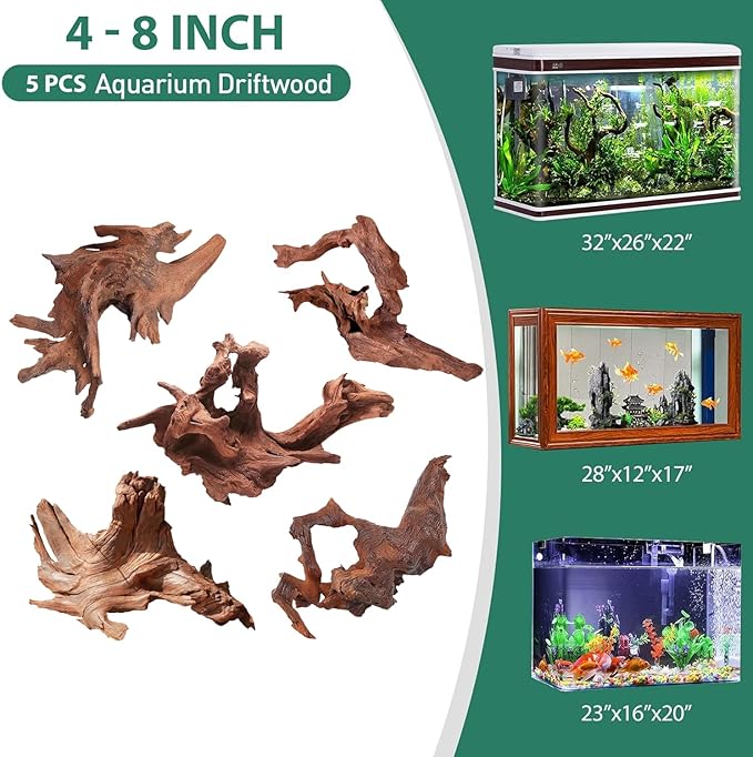 WDEFUN Natural Driftwood for Aquarium Decor, 5-Piece 5''-8'' Large Driftwood for Decorations on Fish Tank, Reptiles Bearded Dragon Accessories or Air Plants