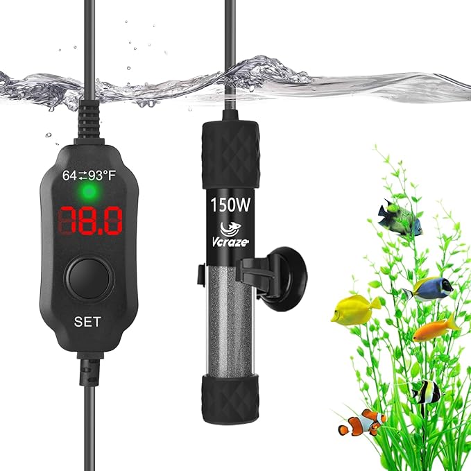 Super Compact 150W Fish Tank Heater, Submersible Aquarium Heater with LED Digital Display Thermostat, Adjustable Fish Heater for 15-30 Gallon Tanks