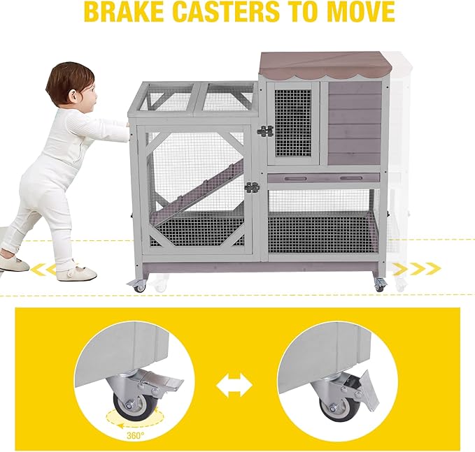 AIVITUVIN 2-Story Rabbit Hutch Indoor for 2-4 Rabbits & Guinea Pigs Wooden Small Animal Cage Guinea with Chew-Proof Design & Slide-Out Trays Bunny Cage with Lockable Wheels