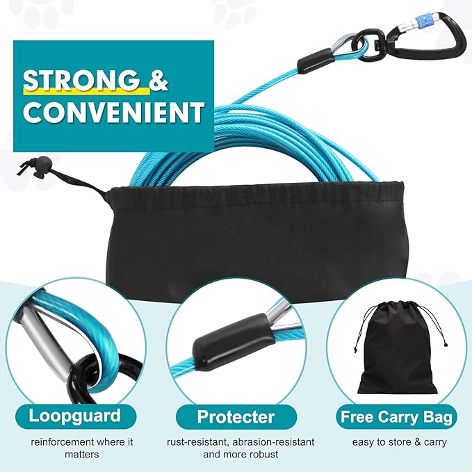 Snagle Paw Heavy Duty Long Dog Leads for Yard 150FT-1000LBS Break Strength,Dog Tie Out Cable with Swivel Lockable Hook & Spring,Chew Proof Dog Chain for Outside,Dog Run Cable for Medium Large Dogs