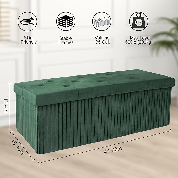 Storage Ottoman Bench, 43 Inch Foldable Ottoman with Legs, Velvet Foot Rest Stool, End of Bed Bench, Storage Chest for Living Room, Bedroom (Green)