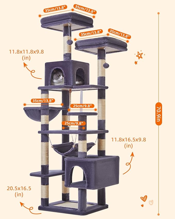 Taoqimiao Cat Tree, 71-Inch Cat Tree Cat Tower for Indoor Cats, Plush Multi-Level Cat Condo with 10 Scratching Posts, 2 Perches,Basket, 2 Caves,Hammock, 2 Pompoms,MS020G Beige Smoky Gray