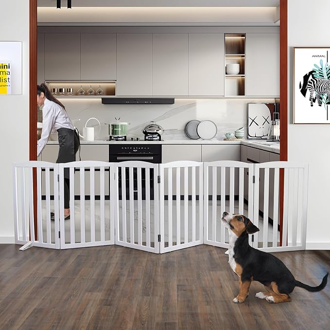 ZJSF Foldable Freestanding Indoor Dog Gate for House Wood White Long Pet Gates Dog Fence for Stairs Puppy Gates for Hallways,Pet Fence, Puppy Gate,Support Feet Included 32 "Height-6 Panels