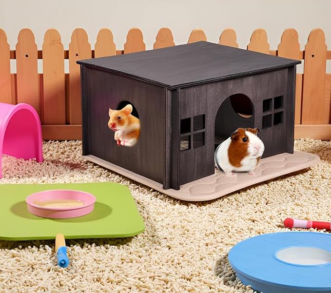 Wooden Guinea Pig House with Windows,Hamster Hideout, Large Size Suitable for Two Guinea Pig Hideout, Ventilated Wood Habitats Decor for Chinchilla, Hamster Mice Gerbils Mouse