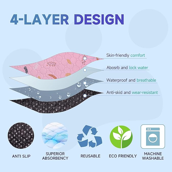 Sunheir Washable Pee Pads for Dogs 2-Pack Reusable Puppy Pads Pet Training Pads, Waterproof Dog Pee Pads for Crate, Whelping Pad, Non-Slip Protects Against Urine Leakage (Leaves - Pink, 18x24)