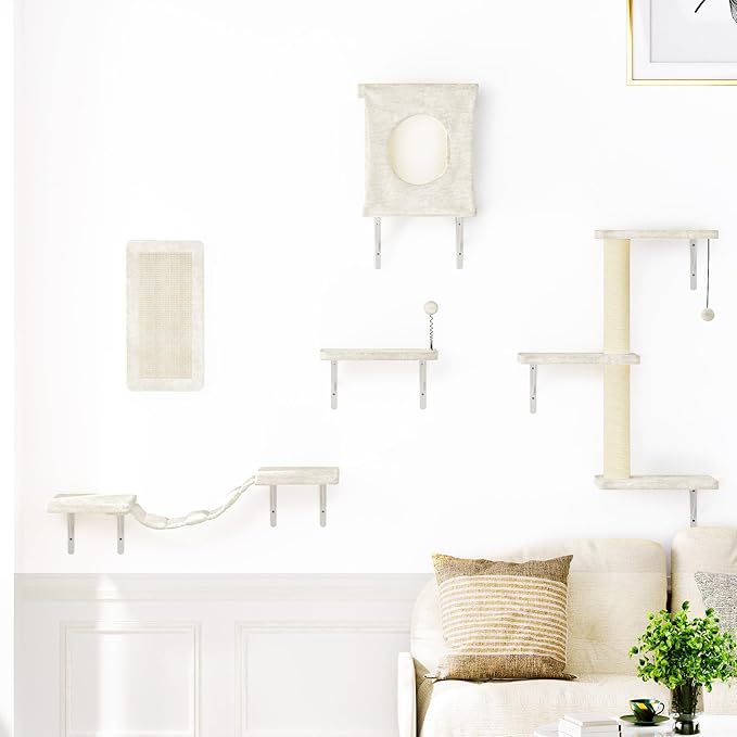 NUNU LAB Wall Mounted Cat Furniture, 5 Pcs Cat Wall Shelves with House, Bridge, Steps, Scratching Post, Shelves, Indoor Safe & Stable Furniture for Kittens Play, Beige