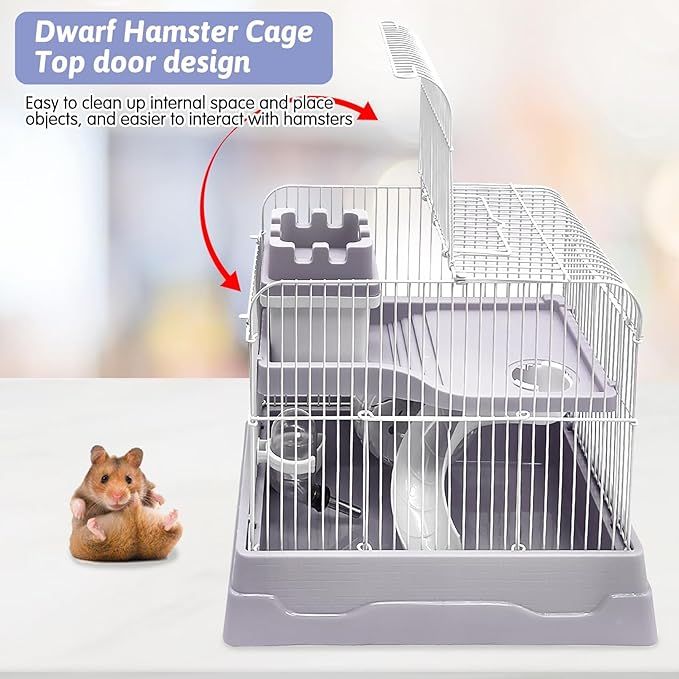 PINVNBY 2-Tier Dwarf Hamster Cage, Hamster Travel Cage Portable Mouse Cage with Running Exercise Wheels, Water Bottle and Food Dish for Hamster Mouse Rat 11.7 * 8.7 * 9.38 in (Blue)