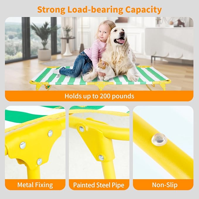 Dog Elevated Bed Foldable Portable Raised Bed Camping cot Outdoor Summer Dog Bed (Medium, GreenStripes-Oxford Fabric)